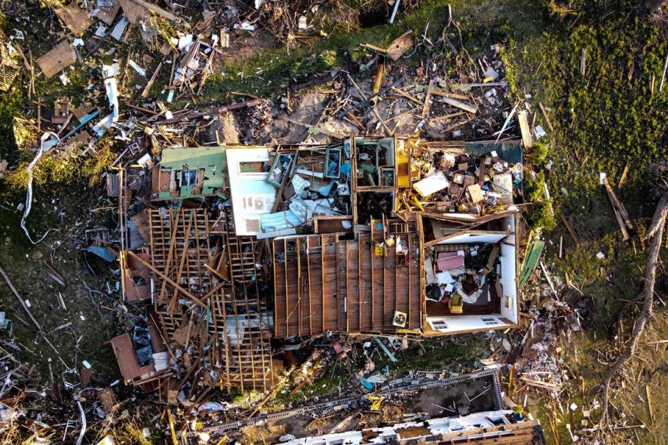 An aerial view of a destroyed neighborhood in Rolling Fork, Mississippi, after the tornado (AFP via Getty Images)