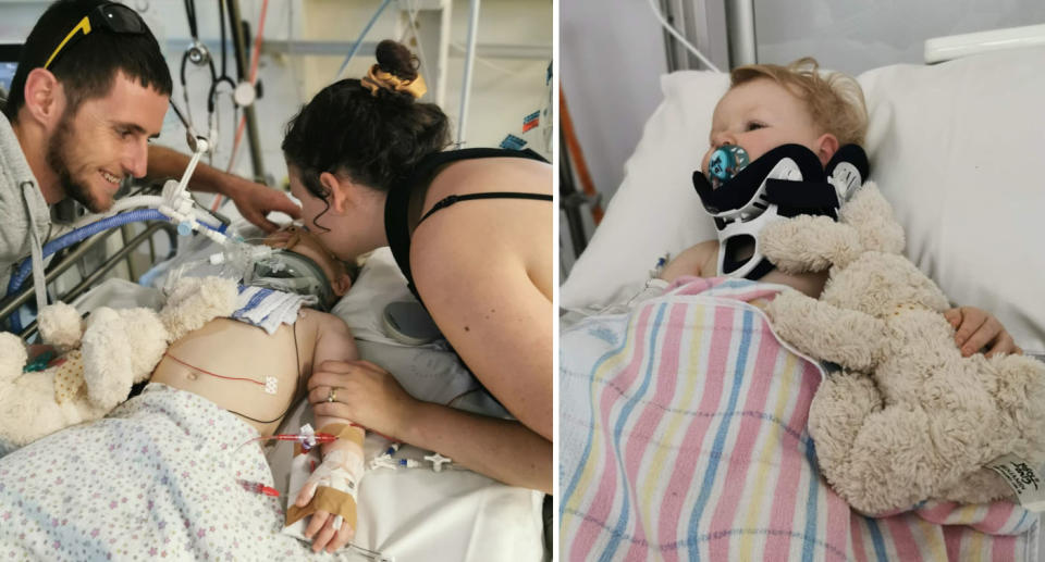 Lorelei pictured in an induced coma with her parents (left) and the toddler clutching a soft toy in her hospital bed (right). Source: Facebook