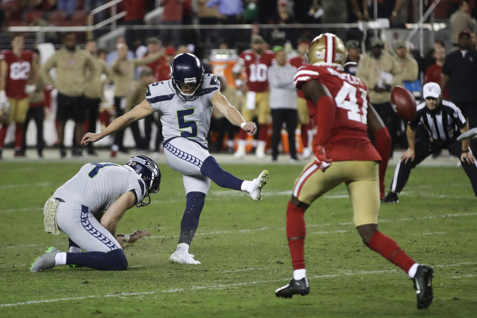 Seattle Seahawks kicker Jason Myers (5) kicks the winning field goal during overtime of an NFL football game against the San Francisco 49ers in Santa Clara, Calif., Monday, Nov. 11, 2019. Seattle won 27-24. (AP Photo/Ben Margot)