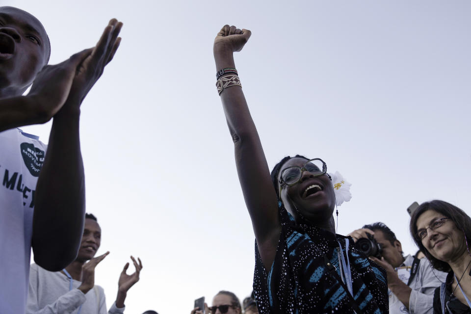 FILE - Demonstrators attend a protest against pipelines in East Africa at the COP27 U.N. Climate Summit, Nov. 11, 2022, in Sharm el-Sheikh, Egypt. (AP Photo/Nariman El-Mofty, File)