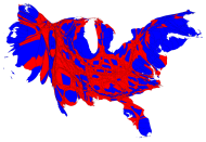 The population is incorporated into the election returns for each county. But this does not reflect which candidate each county went for, whether in a lopsided landslide or a more even split.