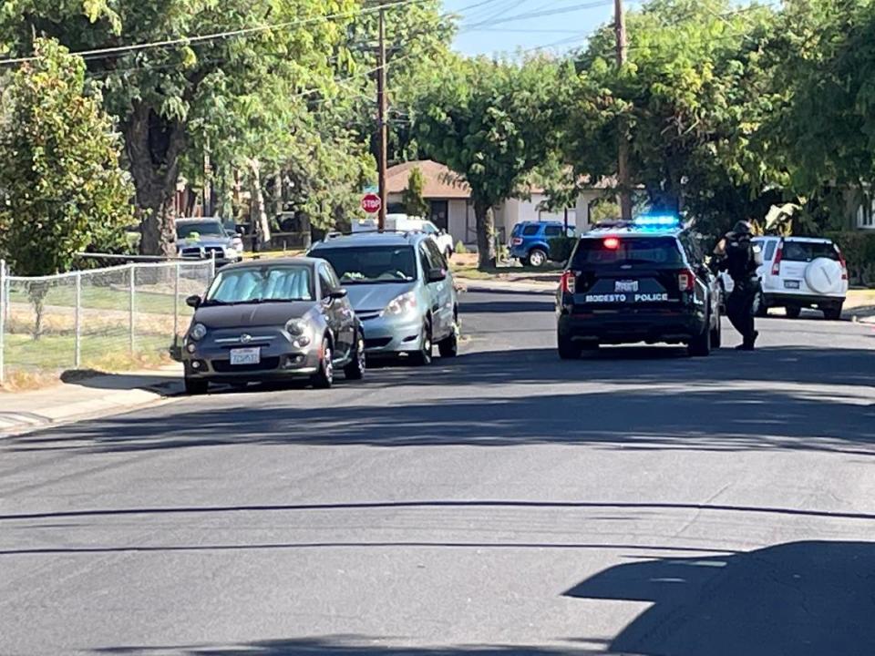 Modesto, California police have evacuated residents in a neighborhood northwest of Briggsmore and Carver where a man was holed up in a home and firing rounds out a window Monday morning. Aug. 15, 2022