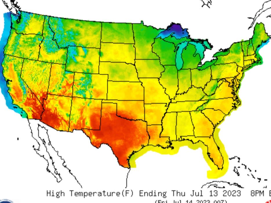 A National Weather Service graphic shows expected temperatures across the US this week (National Weather Service)