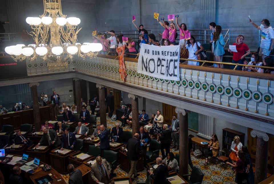 Gallery spectators drop a banner saying “No Gun Reform no Peace’ at the end of the Senate session at State Capitol Building in Nashville , Tenn., Wednesday, Aug. 23, 2023.