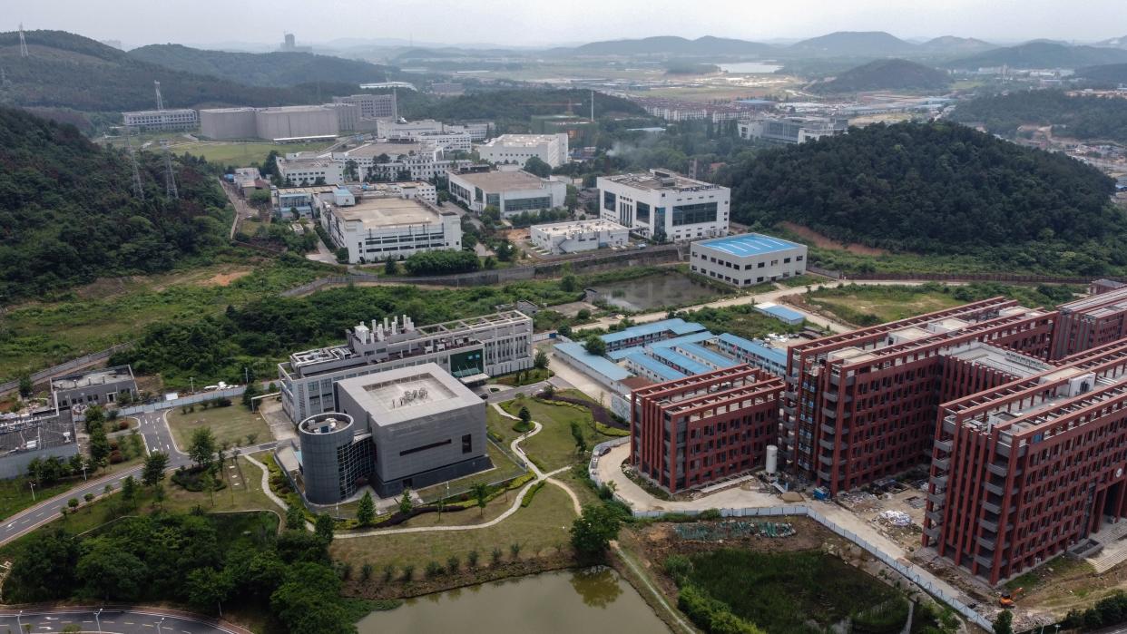 An aerial view shows several buildings on the campus of the Wuhan Institute of Virology.