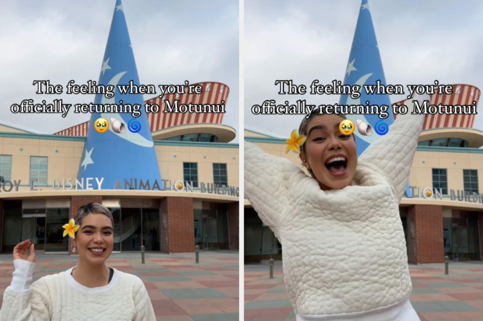 Auli'i Cravalho stands in front of Disney Animation Building with Sorcerer's Hat, smiling and excited. Text overlay: "The feeling when you're officially returning to Motunui."