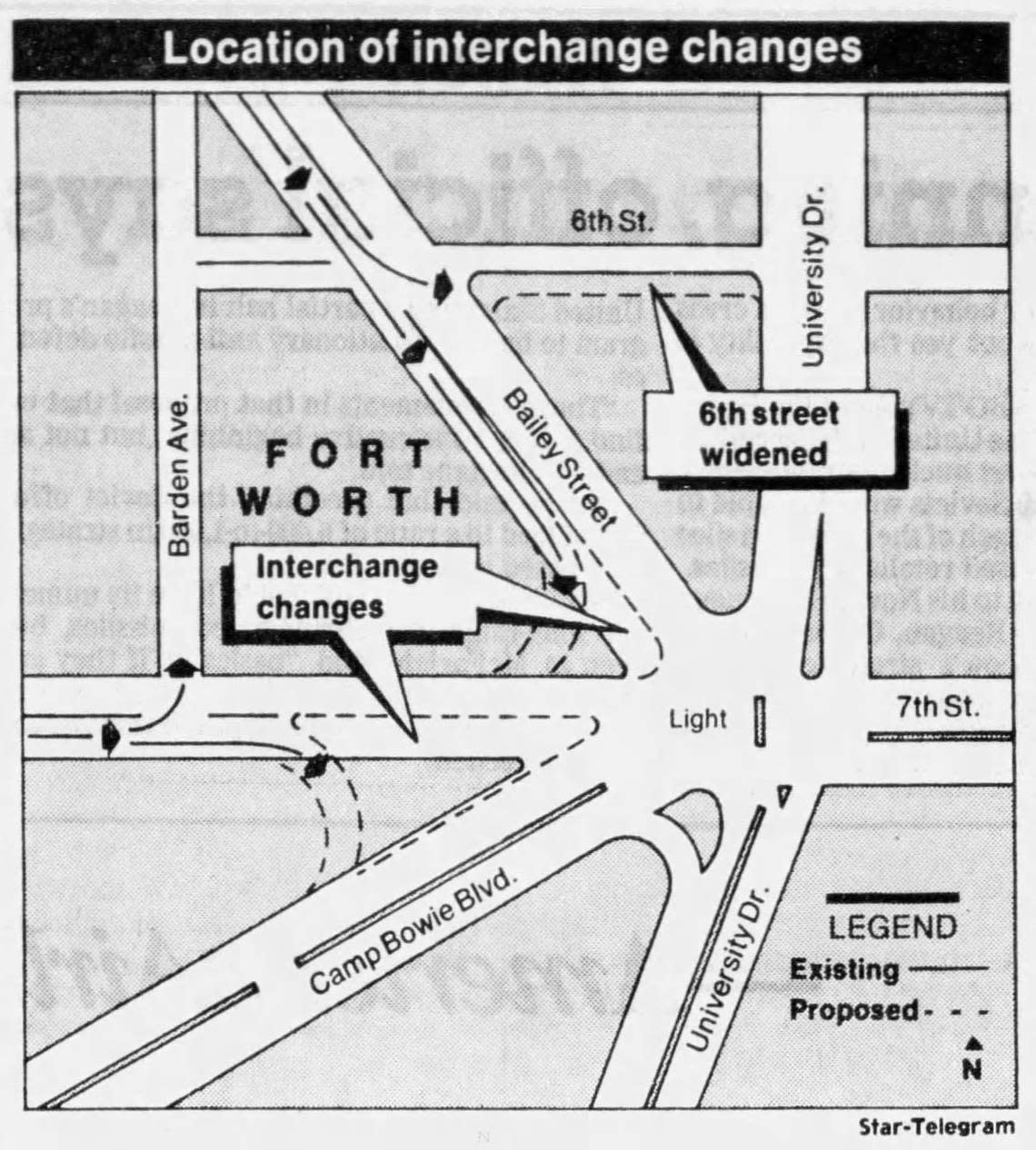 A graphic in the Fort Worth Star-Telegram on Oct. 7, 1985, described proposed changes to the West Seventh/Camp Bowie intersection, which would have reduced the number of lanes flowing into the junction.