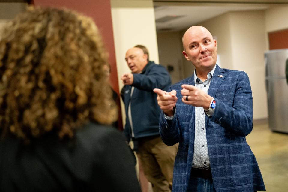 Gov. Spencer Cox gestures at Celeste Maloy during an election night party at the Utah Trucking Association in West Valley City on Tuesday, Nov. 21, 2023. Maloy is running against Democratic state Sen. Kathleen Riebe, D-Cottonwood Heights, in the special election to fill Rep. Chris Stewart’s seat in the 2nd Congressional District. | Spenser Heaps, Deseret News