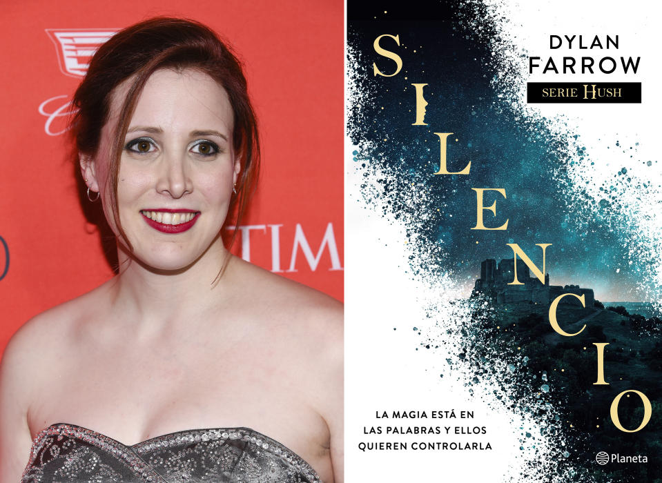 En esta combinación de fotos, Dylan Farrow en la gala TIME 100 en Nueva York el 26 de abril de 2016, y la portada de "Silencio", la edición en español de su novela debut "Hush". (AP Foto, izquierda, y Planeta vía AP)