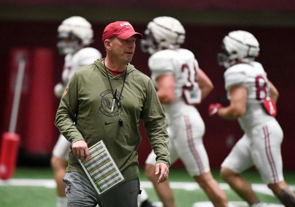 April 9, 2024; Tuscaloosa, Alabama, USA; Alabama head coach Kalen DeBoer coaches his team during practice in the Hank Crisp Indoor Practice Facility at the University of Alabama.