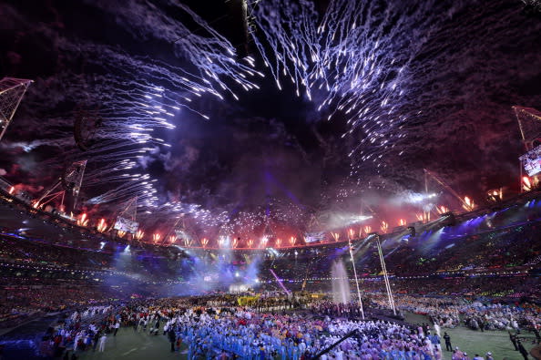 Fireworks light up the sky above the arena during the closing ceremony of the London 2012 Paralympic Games at the Olympic Stadium in east London on September 9, 2012. AFP PHOTO / ADRIAN DENNIS (Photo credit should read ADRIAN DENNIS/AFP/GettyImages)