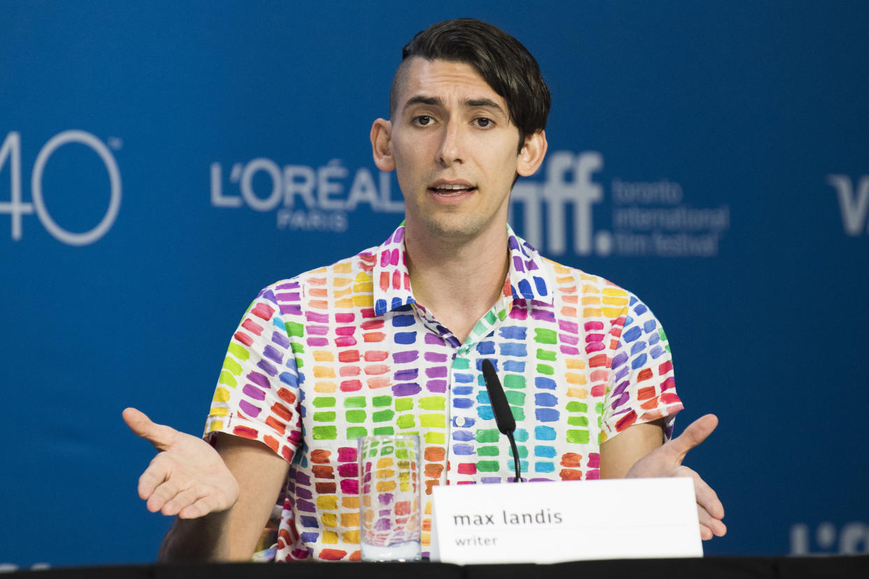 Writer Max Landis speaks at a press conference for "Mr. Right" on day 10 of the Toronto International Film Festival at TIFF Bell Lightbox on Saturday, Sept. 19, 2015, in Toronto. (Photo by Arthur Mola/Invision/AP)