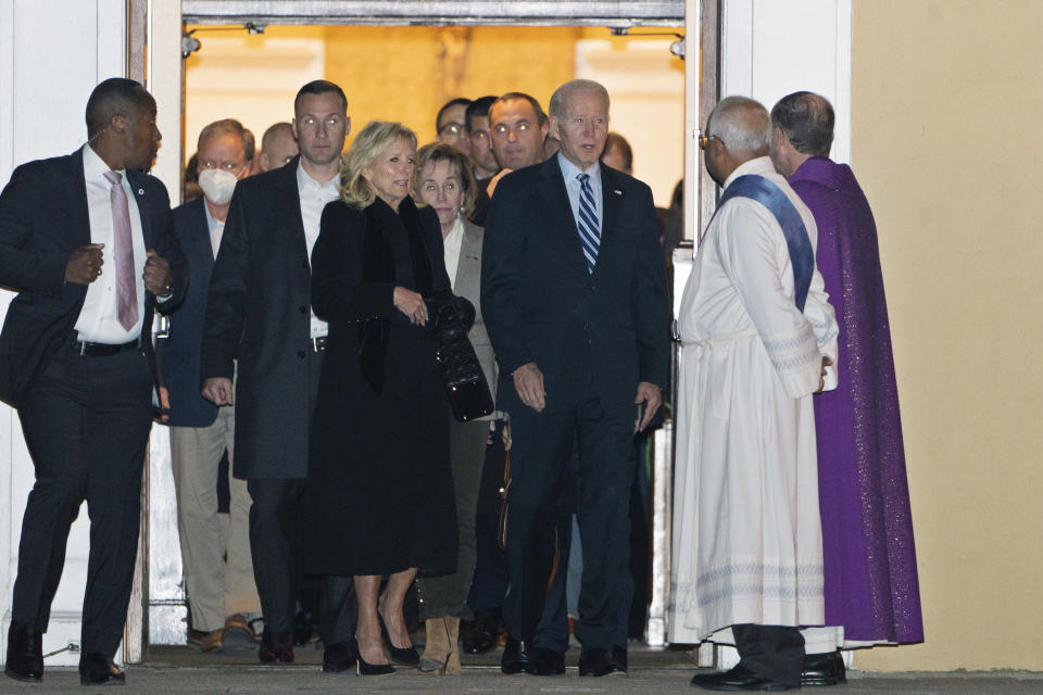 President Joe Biden, first lady Jill Biden and the president's sister Valerie Biden Owens are greeted by members of the clergy as they leave St. Joseph on the Brandywine Catholic Church in Wilmington, Del., after attending Mass, Saturday, Dec. 17, 2022. (AP Photo/Manuel Balce Ceneta)