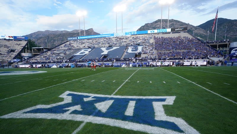 The logo for the Big 12 Conference is painted on the field during an NCAA college football game between Sam Houston State and BYU on Saturday, Sept. 2, 2023, in Provo, Utah.