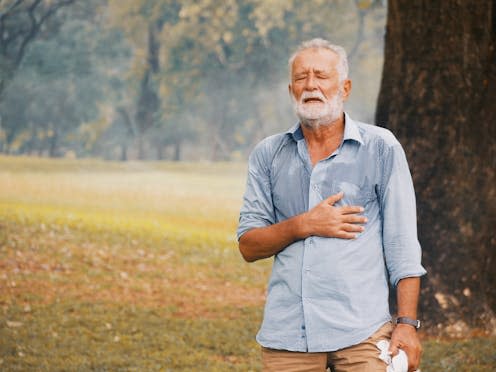 <span class="caption">Hot weather can be hard on the heart.</span> <span class="attribution"><a class="link " href="https://www.shutterstock.com/image-photo/elderly-caucasian-sweating-fainting-1403108003" rel="nofollow noopener" target="_blank" data-ylk="slk:PorporLing/ Shutterstock;elm:context_link;itc:0;sec:content-canvas">PorporLing/ Shutterstock</a></span>