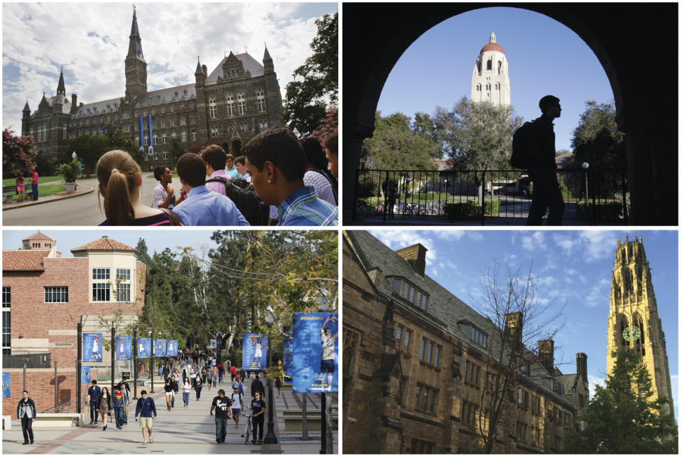 Edificios de las universidades Georgetown, Stanford, Yale y UCLA, a las que ingresaron estudiantes que no cumplían los requisitos de admisión gracias a una trama de fraude y sobornos de terceros denunciada por las autoridades de EEUU. (AP)