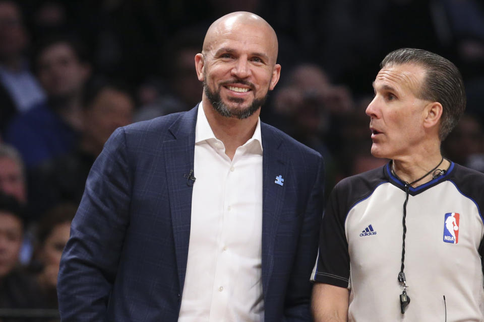 Brooklyn Nets head coach Jason Kidd smiles during the second half of their NBA basketball game against the Houston Rockets at the Barclays Center, Tuesday, April 1, 2014, in New York. (AP Photo/John Minchillo)