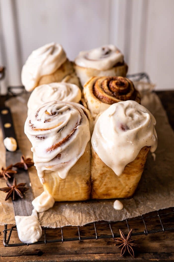 <strong><a href="https://www.halfbakedharvest.com/overnight-cinnamon-roll-bread/" target="_blank" rel="noopener noreferrer">Get the Overnight Cinnamon Roll Bread With Chai Frosting recipe from Half Baked Harvest</a>  </strong>