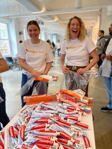 <p>Chegg Inc.</p> Chegg staffers pack hygiene, wellness and self-care kits as part of the company's Global Impact Day.