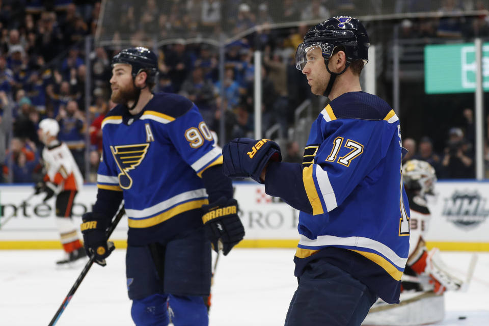 St. Louis Blues' Jaden Schwartz (17) celebrates along side teammate Ryan O'Reilly (90) after scoring during the second period of an NHL hockey game against the Anaheim Ducks Monday, Jan. 13, 2020, in St. Louis. (AP Photo/Jeff Roberson)