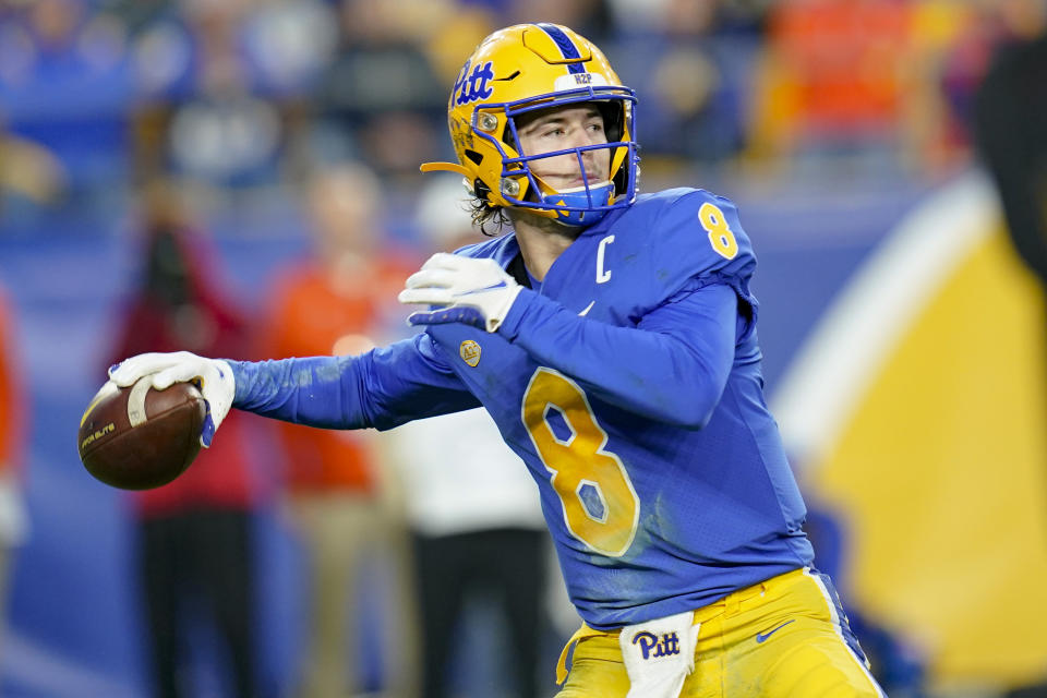 Pittsburgh quarterback Kenny Pickett (8) passes against Clemson during the second half of an NCAA college football game, Saturday, Oct. 23, 2021, in Pittsburgh. Pittsburgh won 27-17. (AP Photo/Keith Srakocic)