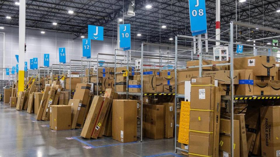 Packages are sorted for delivery routes serving at Amazon’s new delivery station in Meridian.