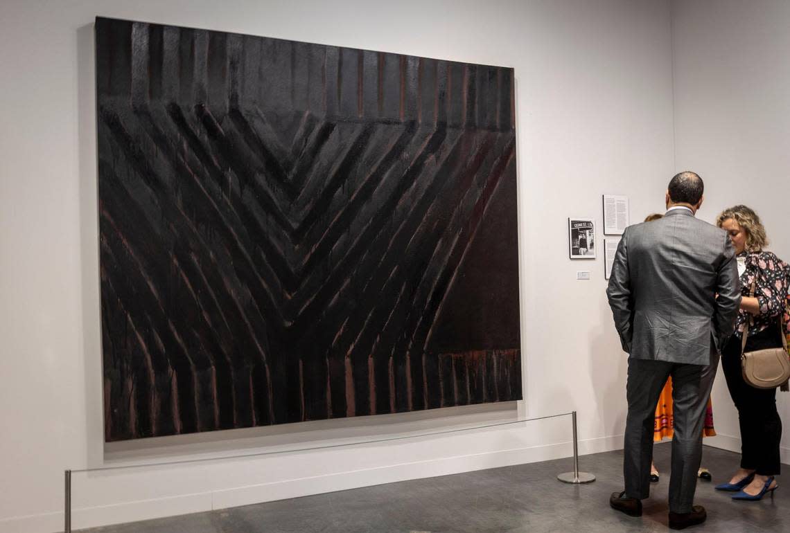 Miami Beach, Florida, December 6, 2023 - First Black Painting by Frank Stella on display at the Yares booth during Art Basel VIP day at the Miami Beach Convention Center.