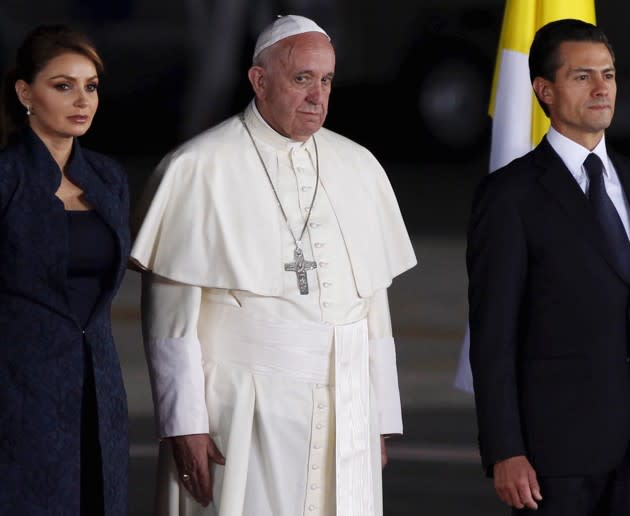 Pope Francis, Mexico's President Enrique Pena Nieto, and First Lady Angélica Rivera at a farewell ceremony in Ciudad Juarez on Wednesday. (Jose Luis Gonzalez / Reuters)