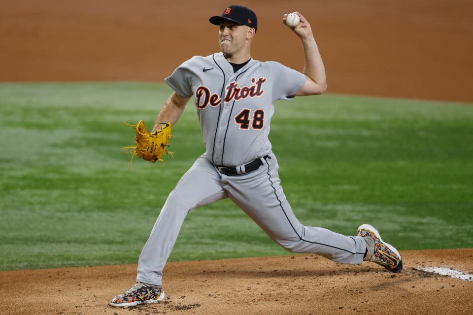 Detroit Tigers starting pitcher Matthew Boyd (48) pitches in the first inning against the Texas Rangers at Globe Life Field in Arlington, Texas, on Monday, June 26, 2023.