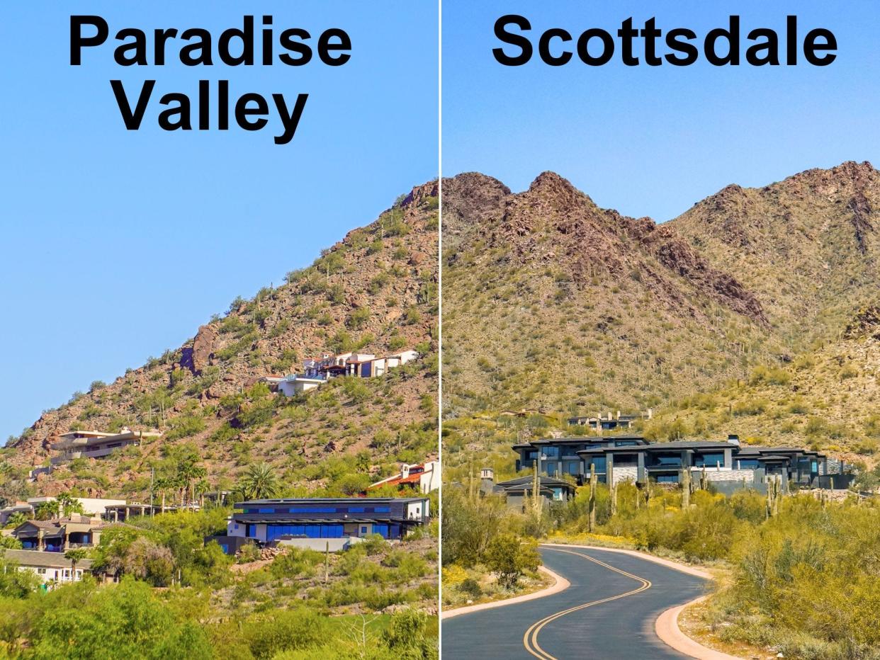 Two images of mansions in desert mountains, Paradise Valley (L) and Scottsdale (R)