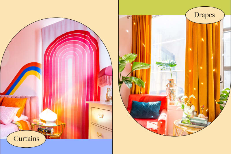Bedroom on the left with colorful curtains. Bedroom on the left with mustard colored drapes.
