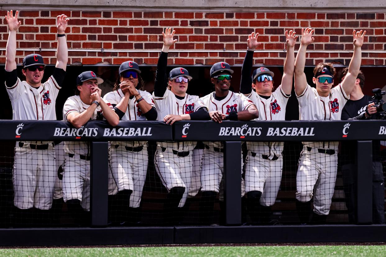 The Cincinnati Bearcats dugout cheers during Sunday's 13-2 victory over TCU. The Bearcats swept the three-game series from the Horned Frogs who were the preseason Big 12 favorite.