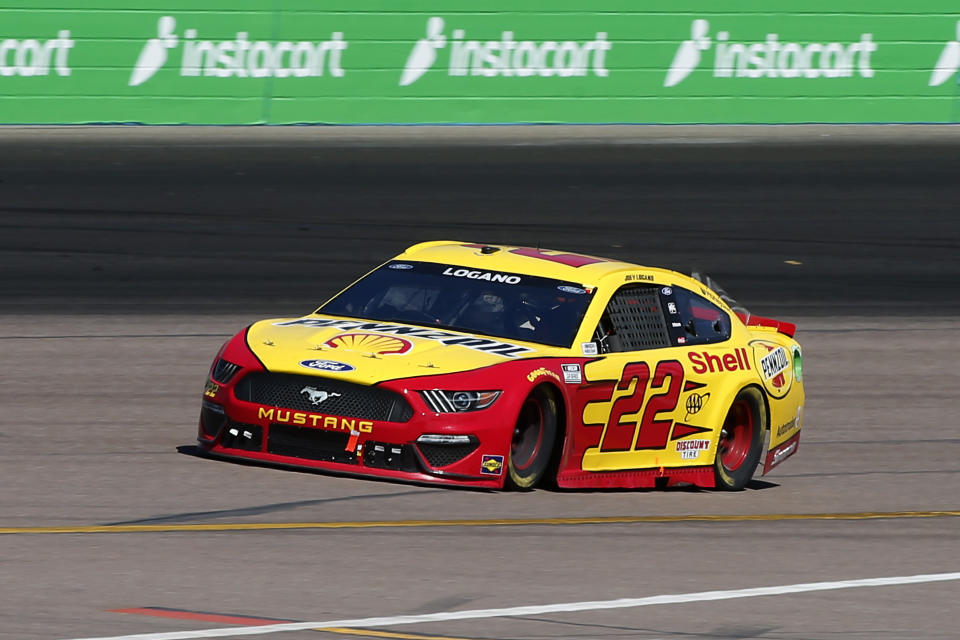 Joey Logano races out of Turn 2 during a NASCAR Cup Series auto race at Phoenix Raceway, Sunday, March 14, 2021, in Avondale, Ariz. (AP Photo/Ralph Freso)