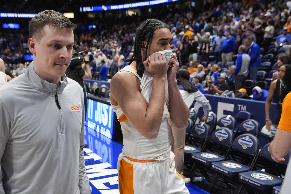 Tennessee guard Freddie Dilione V walks off the court after loosing to Mississippi State in an NCAA college basketball game at the Southeastern Conference tournament Friday, March 15, 2024, in Nashville, Tenn. (AP Photo/John Bazemore)