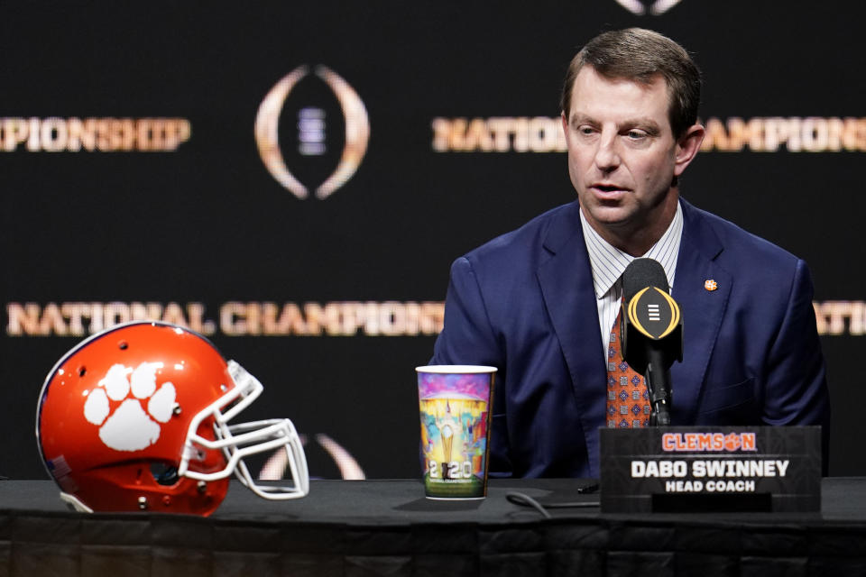 Clemson head coach Dabo Swinney speaks at a news conference for the NCAA College Football Playoff national championship game Sunday, Jan. 12, 2020, in New Orleans. Clemson is scheduled to play LSU on Monday. (AP Photo/Chris Carlson)