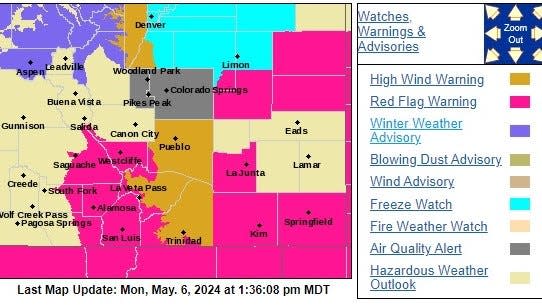 An overview of Colorado weather watches, warnings and advisories on May 6, 2024.