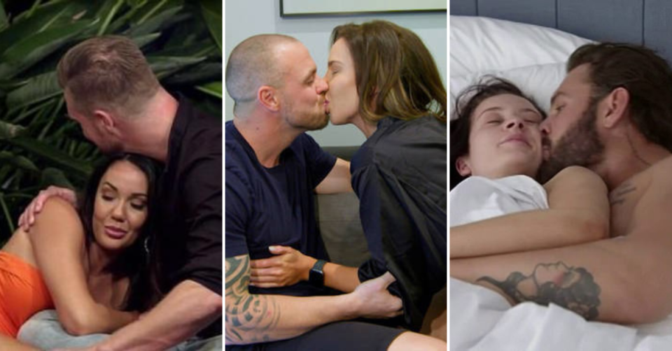 Three shots of MAFS couples cuddling and kissing