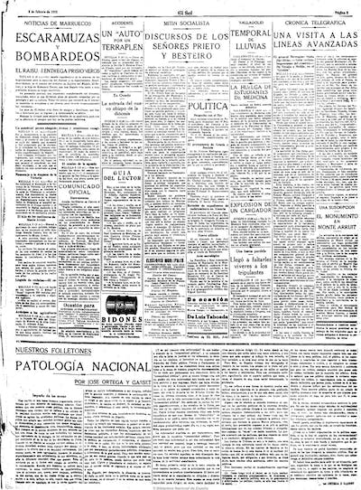 Ejemplar de <em>El Sol</em> del 4 de febrero de 1922 en el que Ortega y Gassett firma un artículo titulado ‘Patología Nacional’. <a href="https://hemerotecadigital.bne.es/hd/es/results?id=95876c87-e8ed-4dc2-b898-fe7283f7a460&page=1" rel="nofollow noopener" target="_blank" data-ylk="slk:Hemeroteca Digital / BNE;elm:context_link;itc:0;sec:content-canvas" class="link ">Hemeroteca Digital / BNE</a>, <a href="http://creativecommons.org/licenses/by/4.0/" rel="nofollow noopener" target="_blank" data-ylk="slk:CC BY;elm:context_link;itc:0;sec:content-canvas" class="link ">CC BY</a>