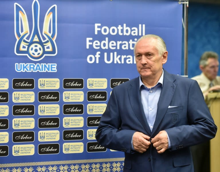 Ukraine's national football team head coach Mykhaylo Fomenko arrives for a press conference in Kiev on May 19, 2016