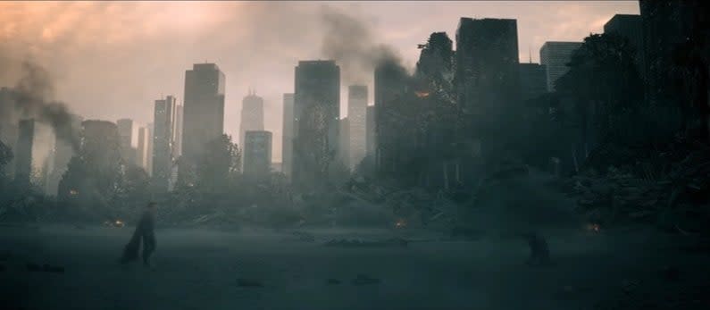 A wide shot of Superman facing Zod in a ruined section of Metropolis in "Man of Steel"