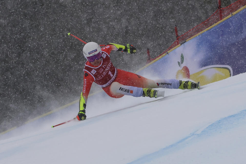 Switzerland's Jasmine Flury speeds down the course during an alpine ski, women's World Cup super G race, in Kvitfjell, Norway, Sunday, March 5, 2023. (AP Photo/Marco Trovati)