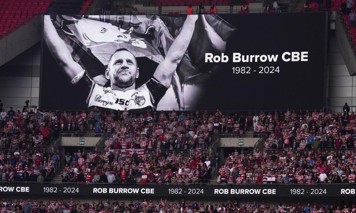 <span>A tribute at Wembley Stadium to the rugby league player Rob Burrow, who had MND.</span><span>Photograph: John Walton/PA</span>