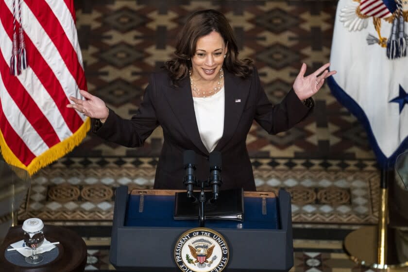 WASHINGTON, DC - JUNE 01: Vice President Kamala Harris delivers remarks on the Global Water Security Action Plan, flanked by (L to R) Alice Albright, CEO Millennium Challenge Corporation, Deputy Secretary of Defense Kathleen Hicks, U.S. Agency for International Development Administrator Samantha Power and Country Team Lead for Timor-Leste, Millennium Challenge Corporation Sonia Shahrigian, during an event in the Indian Treaty Room in the Eisenhower Executive Office Building on the White House Campus on Wednesday, June 1, 2022 in Washington, DC. (Kent Nishimura / Los Angeles Times)