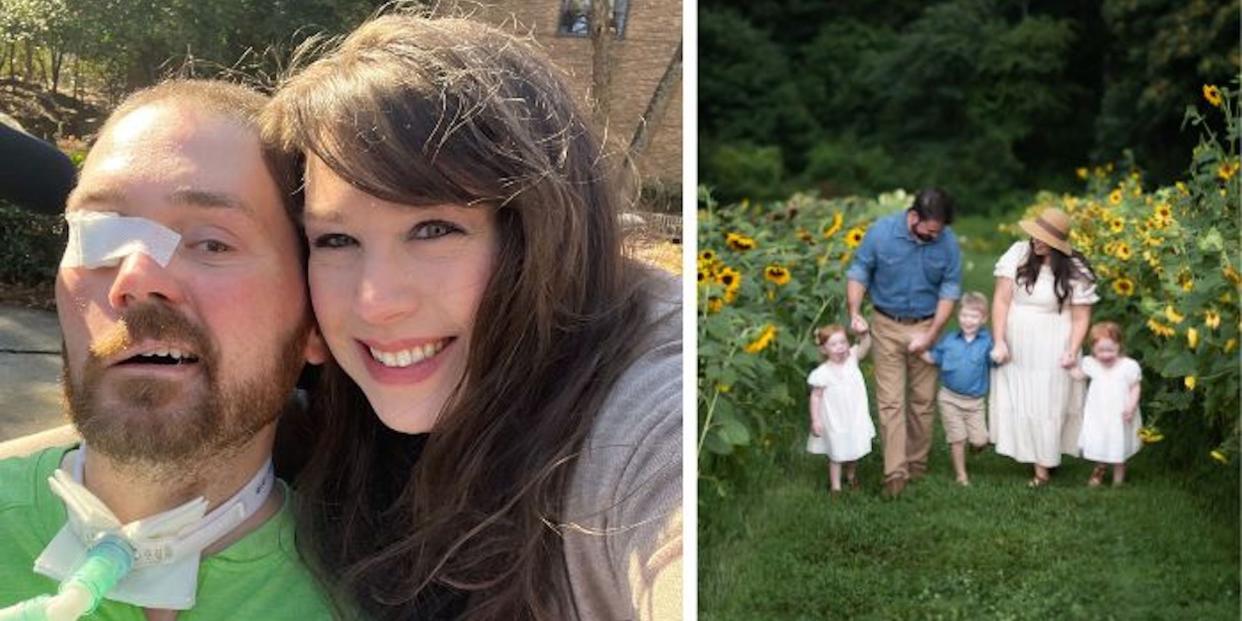 A photo of Ryan and Megan Marlow next to a photo of their family.