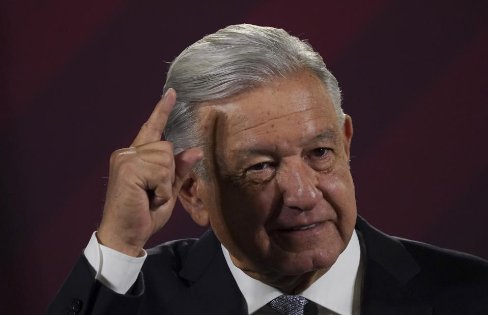 FILE - Mexican President Andres Manuel Lopez Obrador gives his regularly scheduled morning press conference at the National Palace in Mexico City, Feb. 28, 2023. Lopez Obrador issued a decree Thursday night, May 18, 2023, declaring that several infrastructure projects are of national security, including his much-promoted Maya Train. (AP Photo/Marco Ugarte, File)