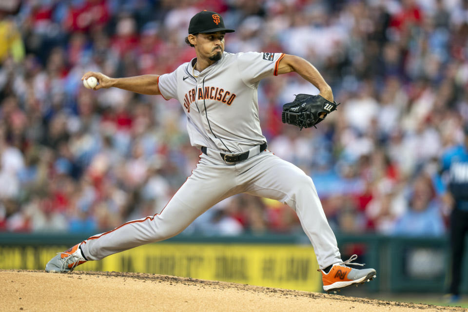 San Francisco Giants starting pitcher Jordan Hicks delivers during the second inning of a baseball game against Philadelphia Phillies, Friday, May 3, 2024, in Philadelphia. (AP Photo/Chris Szagola)