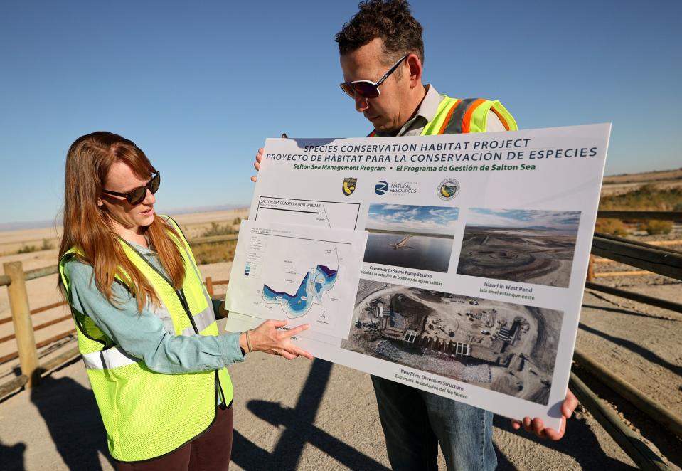 Samantha Arthur, California Natural Resources Agency assistant secretary for Salton Sea Policy, and Vivien L. Maisonneuve, program manager at the California Department of Water Resources’ Salton Sea Management Program, talk about the Species Conservation Habitat Project, which is under construction at the Species Conservation Habitat Project near the Salton Sea in Imperial County, Calif., on Wednesday, Dec. 13, 2023. | Kristin Murphy, Deseret News