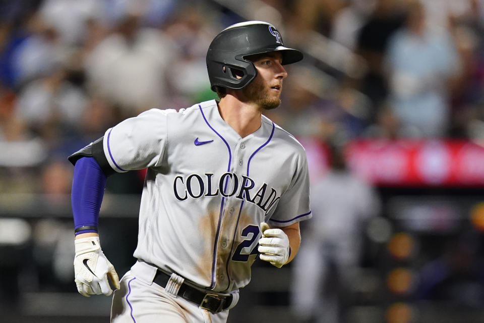Colorado Rockies' Ryan McMahon runs the bases after hitting a home run during the sixth inning of a baseball game against the New York Mets, Thursday, Aug. 25, 2022, in New York. (AP Photo/Frank Franklin II)