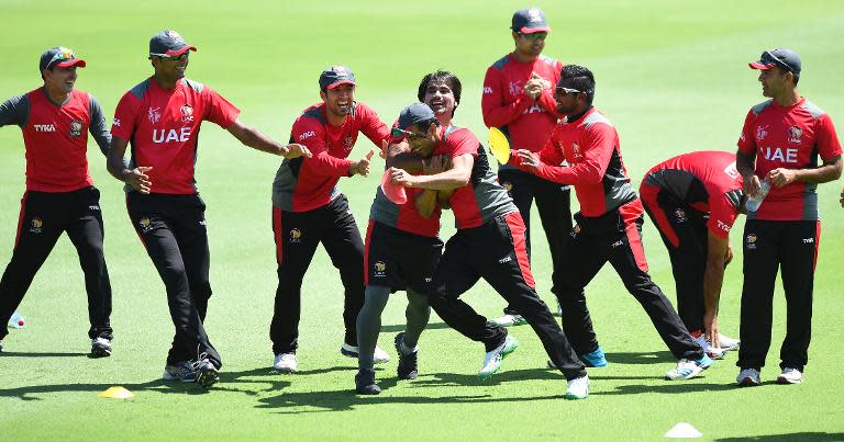 United Arab Emirates players train ahead of their Cricket World Cup match against India in Perth on February 27, 2015