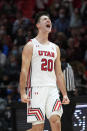 Utah guard Lazar Stefanovic (20) reacts after scoring a 3-pointer against UCLA during the first half of an NCAA college basketball game Thursday, Jan. 20, 2022, in Salt Lake City. (AP Photo/Rick Bowmer)